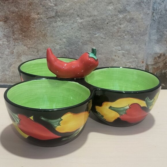 Clay Art Condiment Dish 3 Section Bowl Relish Chili Pepper Jalapeno Center - Picture 2 of 11